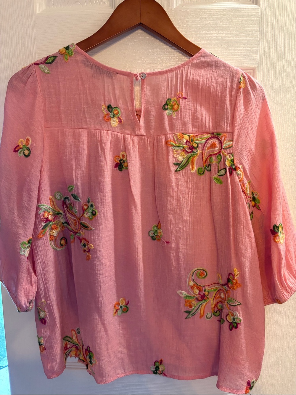 Embroidered Pink Peasant Blouse with Floral Motifs